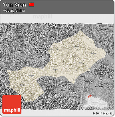 Shaded Relief 3D Map of Yun Xian, darken, desaturated