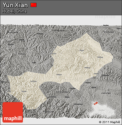 Shaded Relief 3D Map of Yun Xian, darken, semi-desaturated