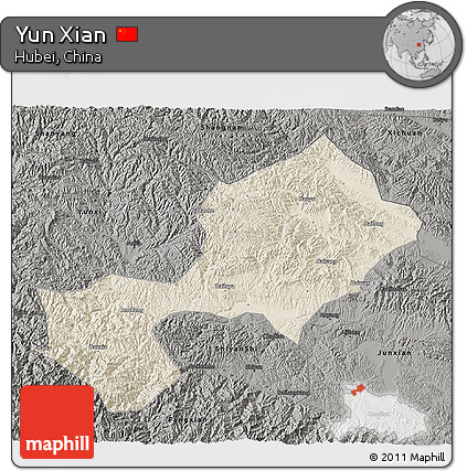 Shaded Relief 3D Map of Yun Xian, darken, semi-desaturated
