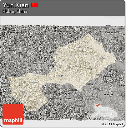 Shaded Relief 3D Map of Yun Xian, darken, semi-desaturated