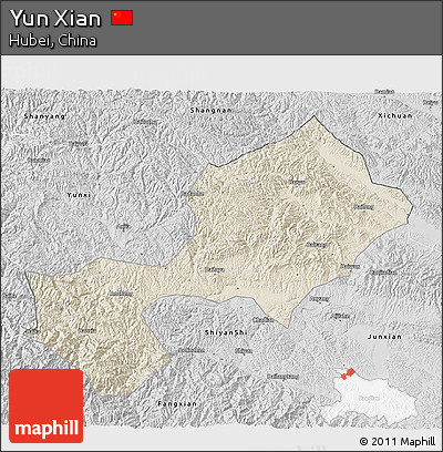 Shaded Relief 3D Map of Yun Xian, desaturated