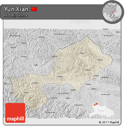 Shaded Relief 3D Map of Yun Xian, desaturated