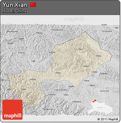 Shaded Relief 3D Map of Yun Xian, desaturated