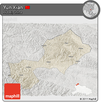 Shaded Relief 3D Map of Yun Xian, lighten, semi-desaturated