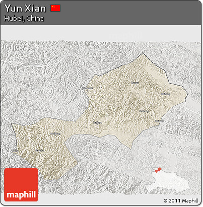 Shaded Relief 3D Map of Yun Xian, lighten, semi-desaturated