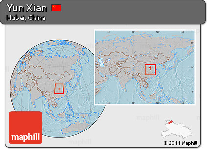 Gray Location Map of Yun Xian, within the entire country, hill shading