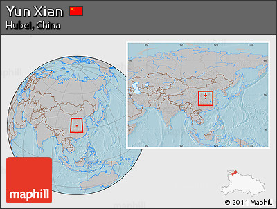 Gray Location Map of Yun Xian, within the entire country, hill shading