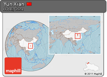 Gray Location Map of Yun Xian, highlighted country, within the entire country, hill shading