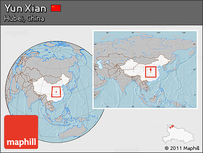 Gray Location Map of Yun Xian, highlighted country, within the entire country, hill shading