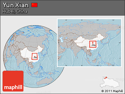 Gray Location Map of Yun Xian, highlighted country, highlighted parent region, within the entire country, hill shading