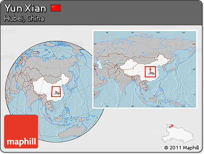 Gray Location Map of Yun Xian, highlighted country, highlighted parent region, within the entire country, hill shading