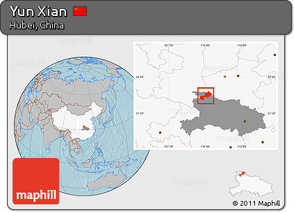 Gray Location Map of Yun Xian, highlighted country, highlighted parent region, hill shading