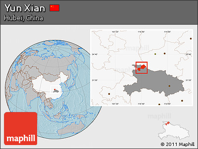Gray Location Map of Yun Xian, highlighted country, highlighted parent region, hill shading