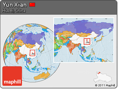Political Location Map of Yun Xian, highlighted country, highlighted parent region, within the entire country