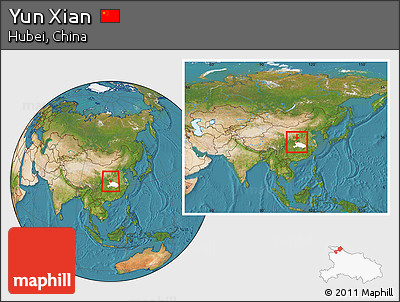 Satellite Location Map of Yun Xian, highlighted parent region, within the entire country