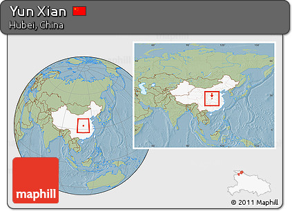 Savanna Style Location Map of Yun Xian, highlighted country, within the entire country, hill shading