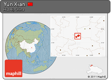 Savanna Style Location Map of Yun Xian, highlighted country, hill shading