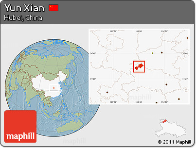 Savanna Style Location Map of Yun Xian, highlighted country, hill shading