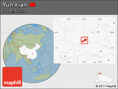 Savanna Style Location Map of Yun Xian, highlighted country, hill shading