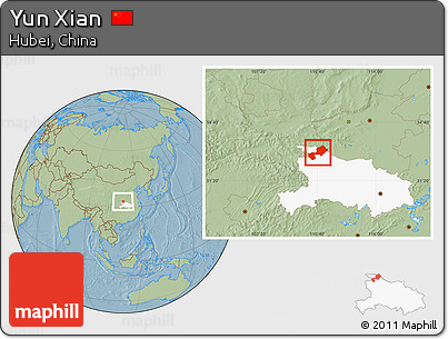 Savanna Style Location Map of Yun Xian, highlighted parent region, hill shading