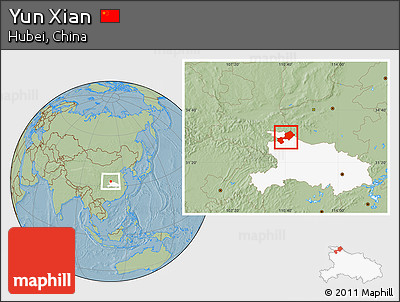 Savanna Style Location Map of Yun Xian, highlighted parent region, hill shading