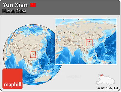 Shaded Relief Location Map of Yun Xian, within the entire country