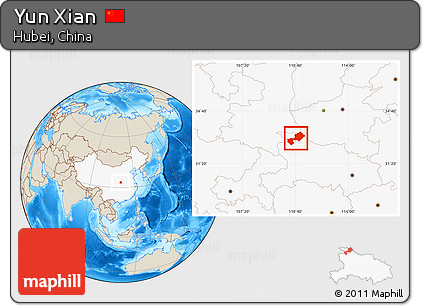 Shaded Relief Location Map of Yun Xian, highlighted country
