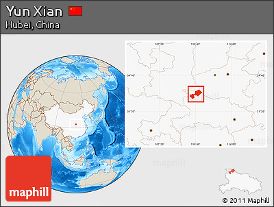 Shaded Relief Location Map of Yun Xian, highlighted country