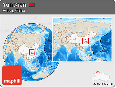 Shaded Relief Location Map of Yun Xian, highlighted country, highlighted parent region, within the entire country