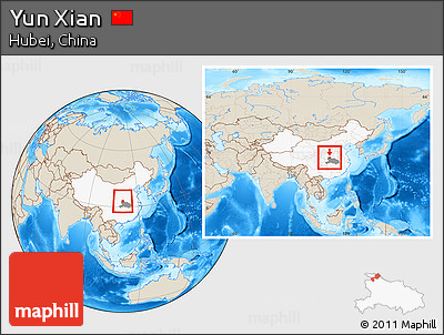 Shaded Relief Location Map of Yun Xian, highlighted country, highlighted parent region, within the entire country