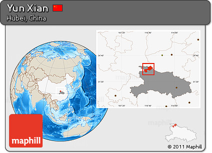 Shaded Relief Location Map of Yun Xian, highlighted country, highlighted parent region