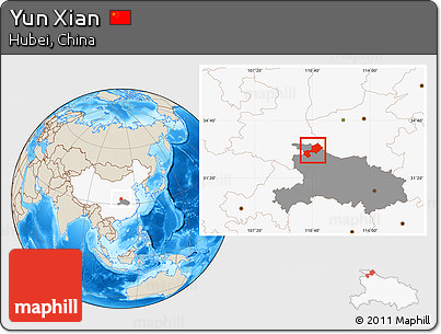 Shaded Relief Location Map of Yun Xian, highlighted country, highlighted parent region