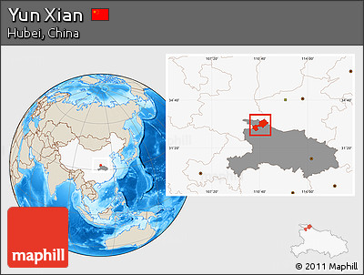 Shaded Relief Location Map of Yun Xian, highlighted country, highlighted parent region