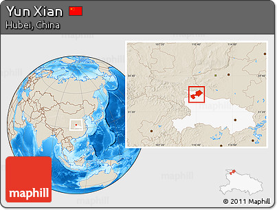 Shaded Relief Location Map of Yun Xian, highlighted parent region