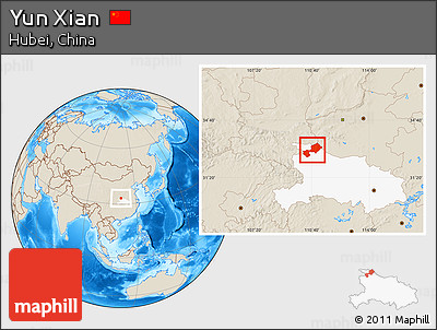 Shaded Relief Location Map of Yun Xian, highlighted parent region