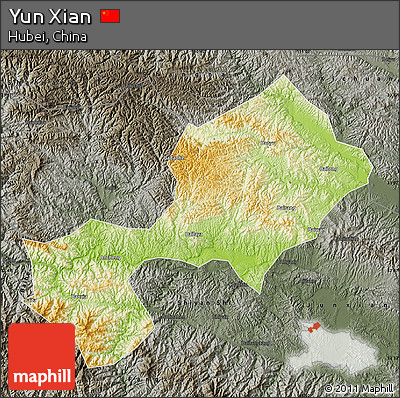 Physical Map of Yun Xian, darken, semi-desaturated