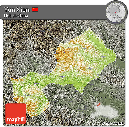 Physical Map of Yun Xian, darken, semi-desaturated