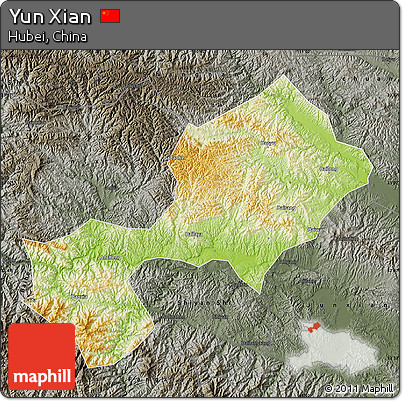 Physical Map of Yun Xian, darken, semi-desaturated