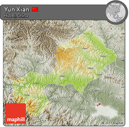 Physical Map of Yun Xian, semi-desaturated