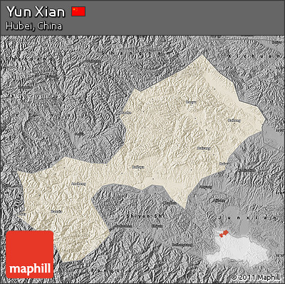 Shaded Relief Map of Yun Xian, darken, desaturated