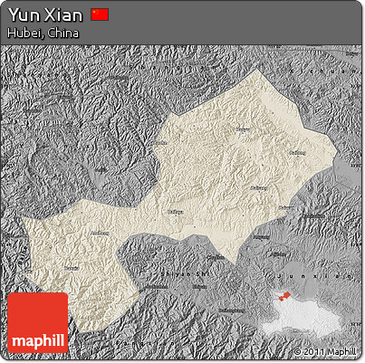 Shaded Relief Map of Yun Xian, darken, desaturated