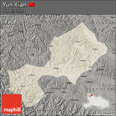 Shaded Relief Map of Yun Xian, darken, semi-desaturated