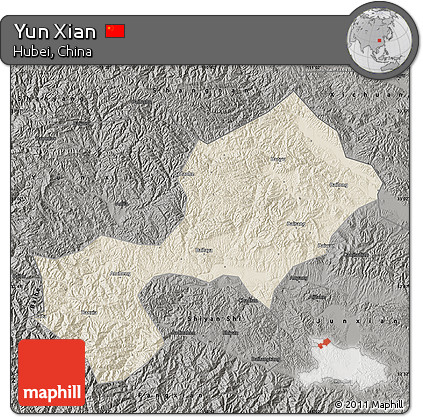 Shaded Relief Map of Yun Xian, darken, semi-desaturated