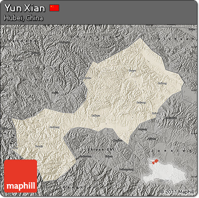 Shaded Relief Map of Yun Xian, darken, semi-desaturated