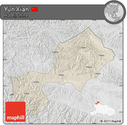 Shaded Relief Map of Yun Xian, lighten, semi-desaturated