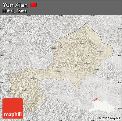 Shaded Relief Map of Yun Xian, lighten, semi-desaturated