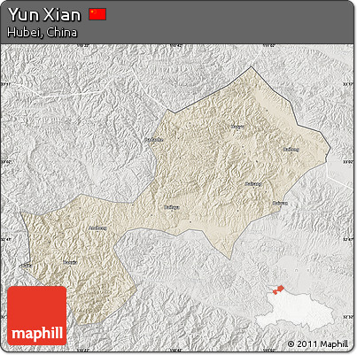 Shaded Relief Map of Yun Xian, lighten, semi-desaturated