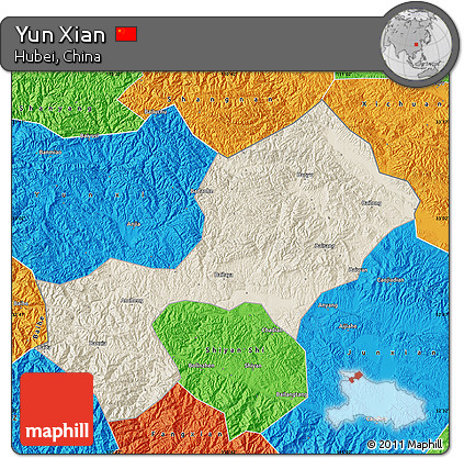 Shaded Relief Map of Yun Xian, political outside