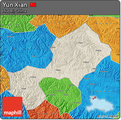 Shaded Relief Map of Yun Xian, political outside