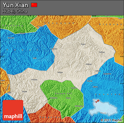 Shaded Relief Map of Yun Xian, political outside